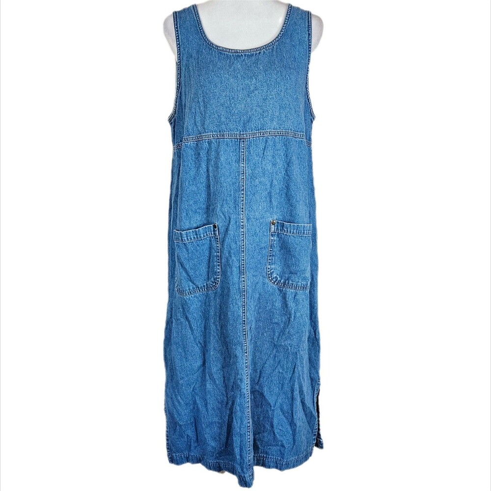 Ty2 Denim Midi Dress Womens 12 Pockets Casual 90s Y2K Art Teacher Jean Americana